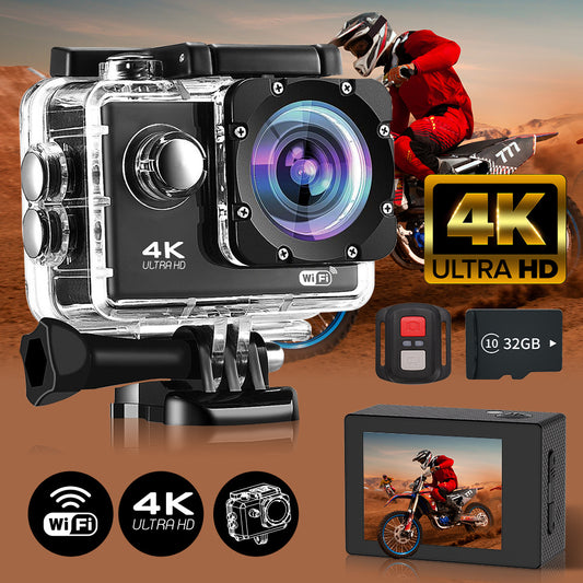 Capture your adventures in stunning clarity with this 4K Ultra HD action camera featuring WiFi, remote control, 32GB memory card, and 170° wide angle lens.