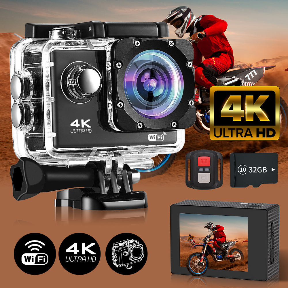 Capture your adventures in stunning clarity with this 4K Ultra HD action camera featuring WiFi, remote control, 32GB memory card, and 170° wide angle lens.