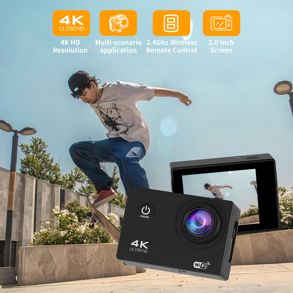 Capture your adventures in stunning clarity with this 4K Ultra HD action camera featuring WiFi, remote control, 32GB memory card, and 170° wide angle lens.