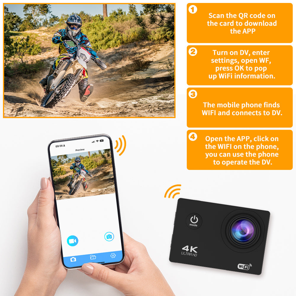 Capture your adventures in stunning clarity with this 4K Ultra HD action camera featuring WiFi, remote control, 32GB memory card, and 170° wide angle lens.