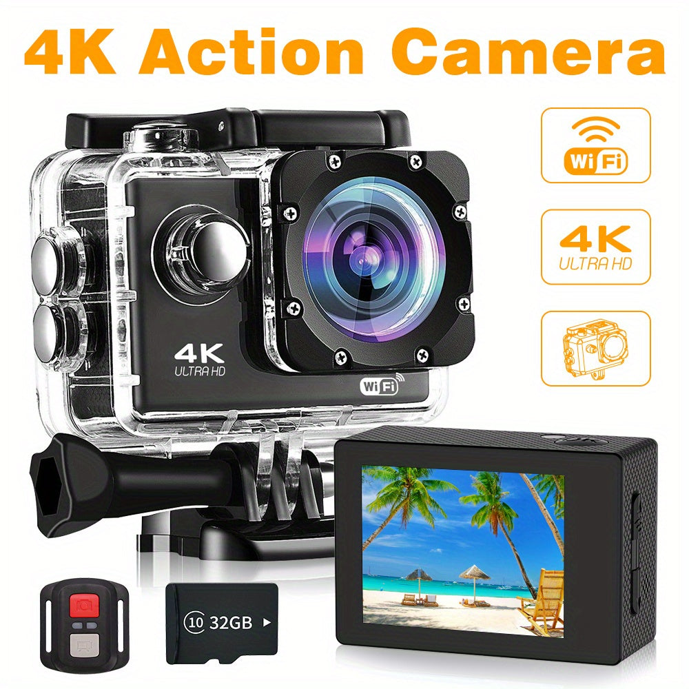 Capture your adventures in stunning clarity with this 4K Ultra HD action camera featuring WiFi, remote control, 32GB memory card, and 170° wide angle lens.