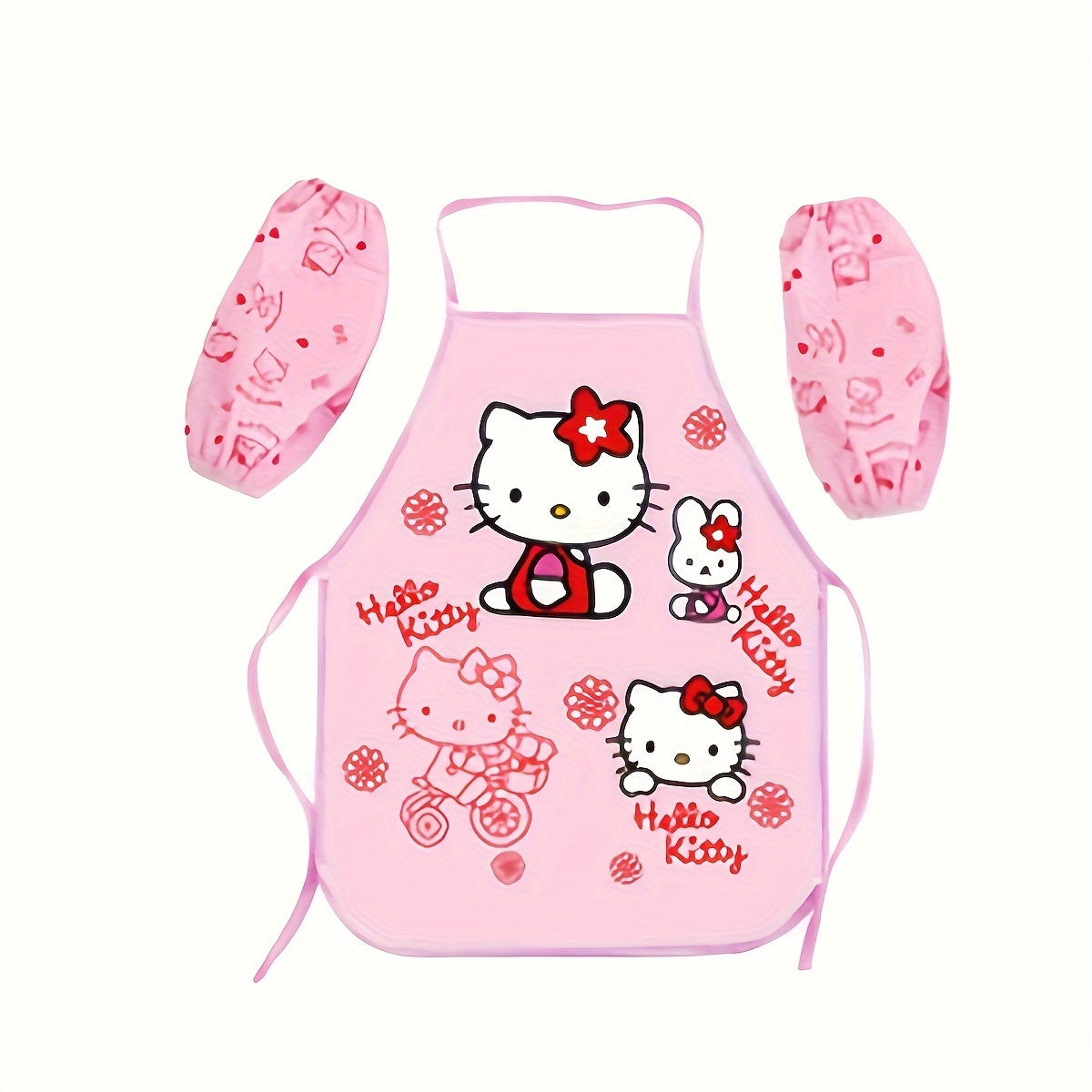 Hello Kitty Baby Bib Set made from durable linen blend with officially licensed design. Includes matching sleeves and woven polyethylene cover with acrylic lining. Suitable for cooking and