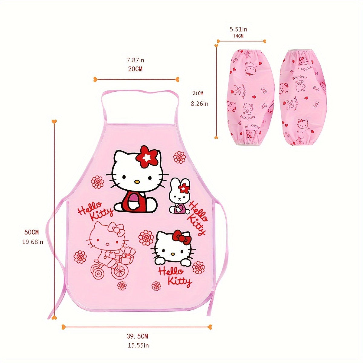 Hello Kitty Baby Bib Set made from durable linen blend with officially licensed design. Includes matching sleeves and woven polyethylene cover with acrylic lining. Suitable for cooking and