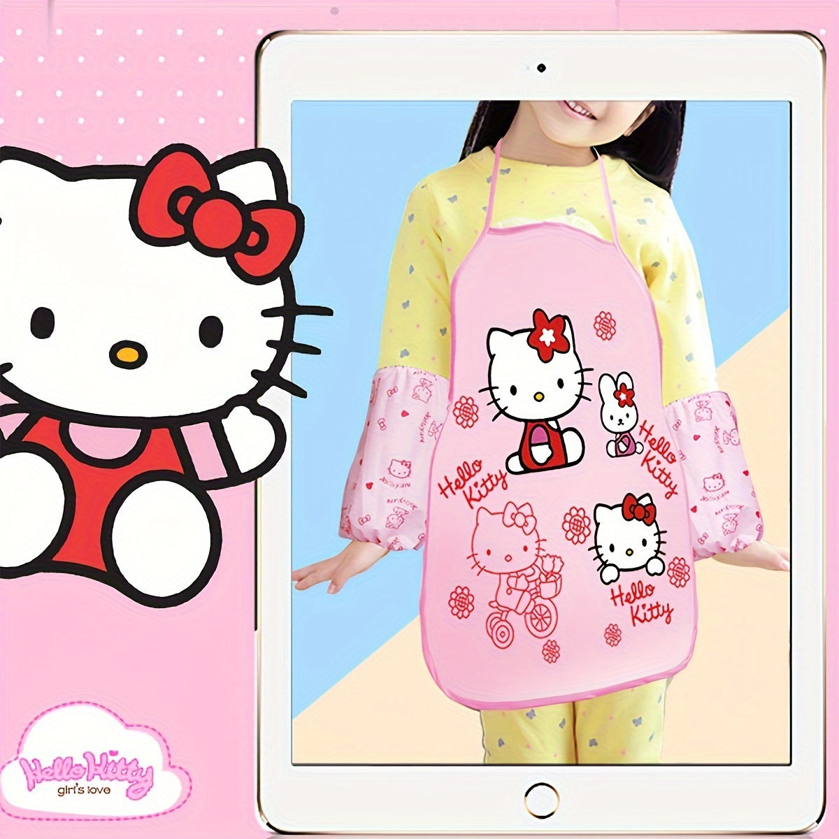 Набор детских слюнявчиков Hello Kitty, изготовленный из прочной смеси льна с официально лицензированным дизайном. Включает в себя соответствующие рукава и тканевую полиэтиленовую крышку с акриловой подкладкой. Подходит для готовки и