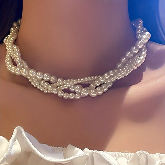 Elegant multi-strand imitation pearl necklace for women, versatile for daily wear and weddings, fits all seasons, 1 piece