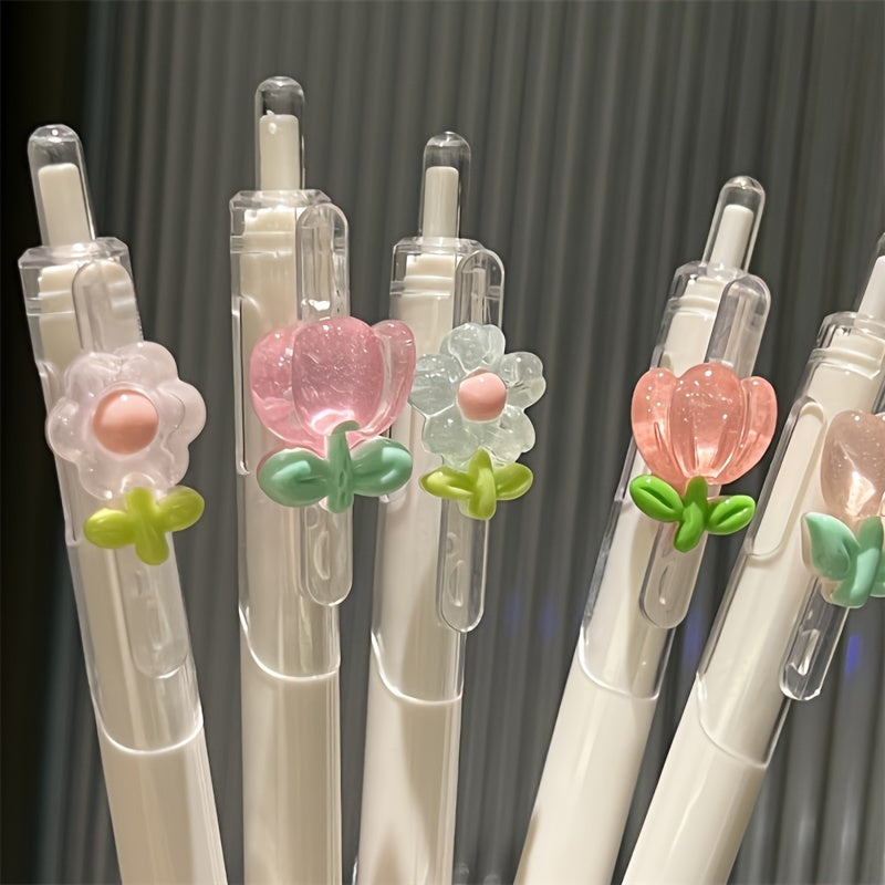 3 Tulip Flower Gel Roller Pens, 0.5mm, Quick-drying Plastic, School/Office Supplies