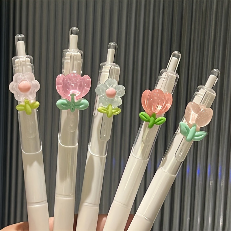 3 Tulip Flower Gel Roller Pens, 0.5mm, Quick-drying Plastic, School/Office Supplies