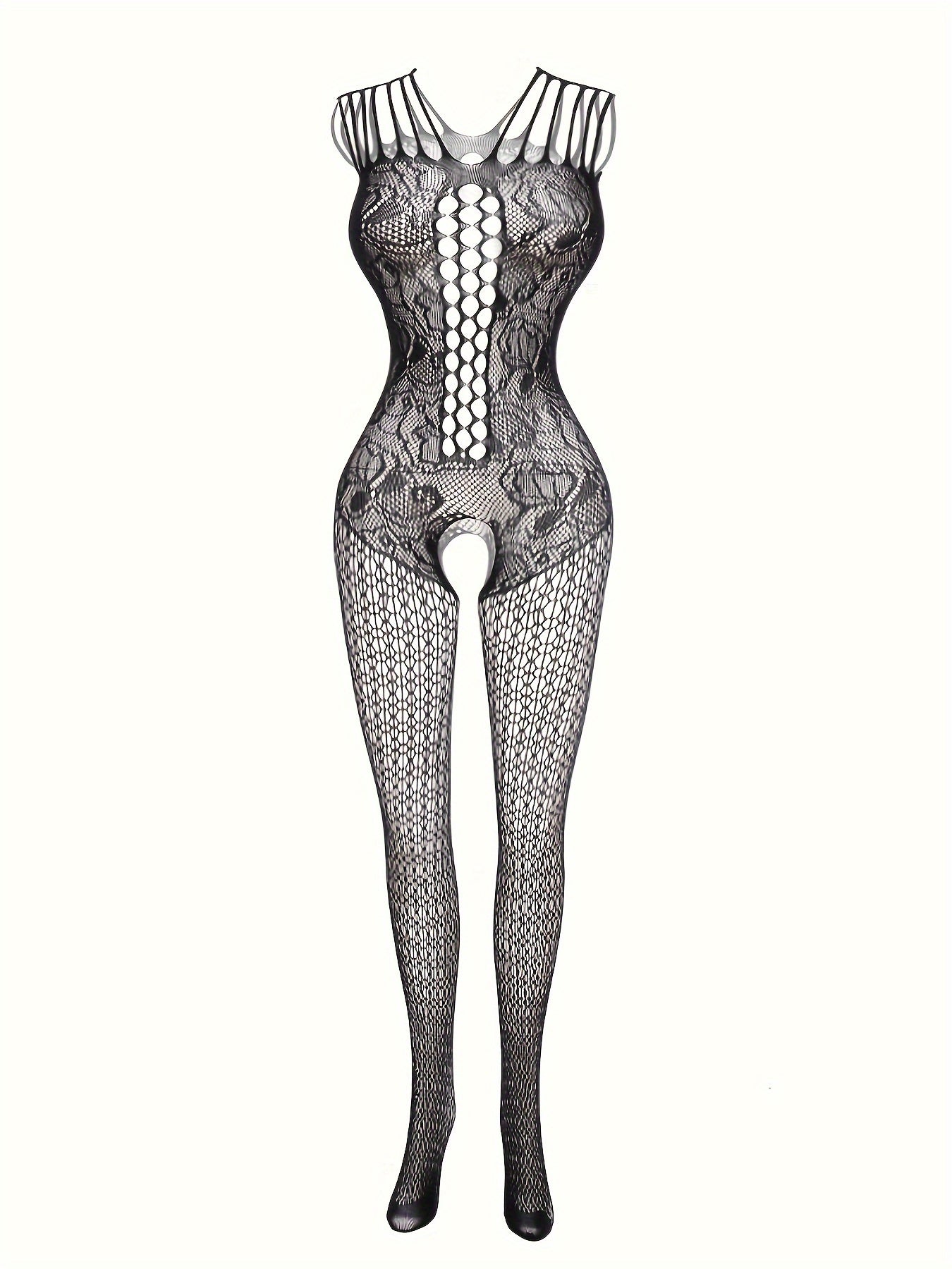 Women's sexy lace bodysuit features sleeveless design, open crotch, sheer fishnet material, and hollow-out detail.