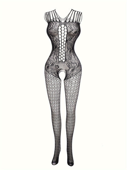 Women's sexy lace bodysuit features sleeveless design, open crotch, sheer fishnet material, and hollow-out detail.