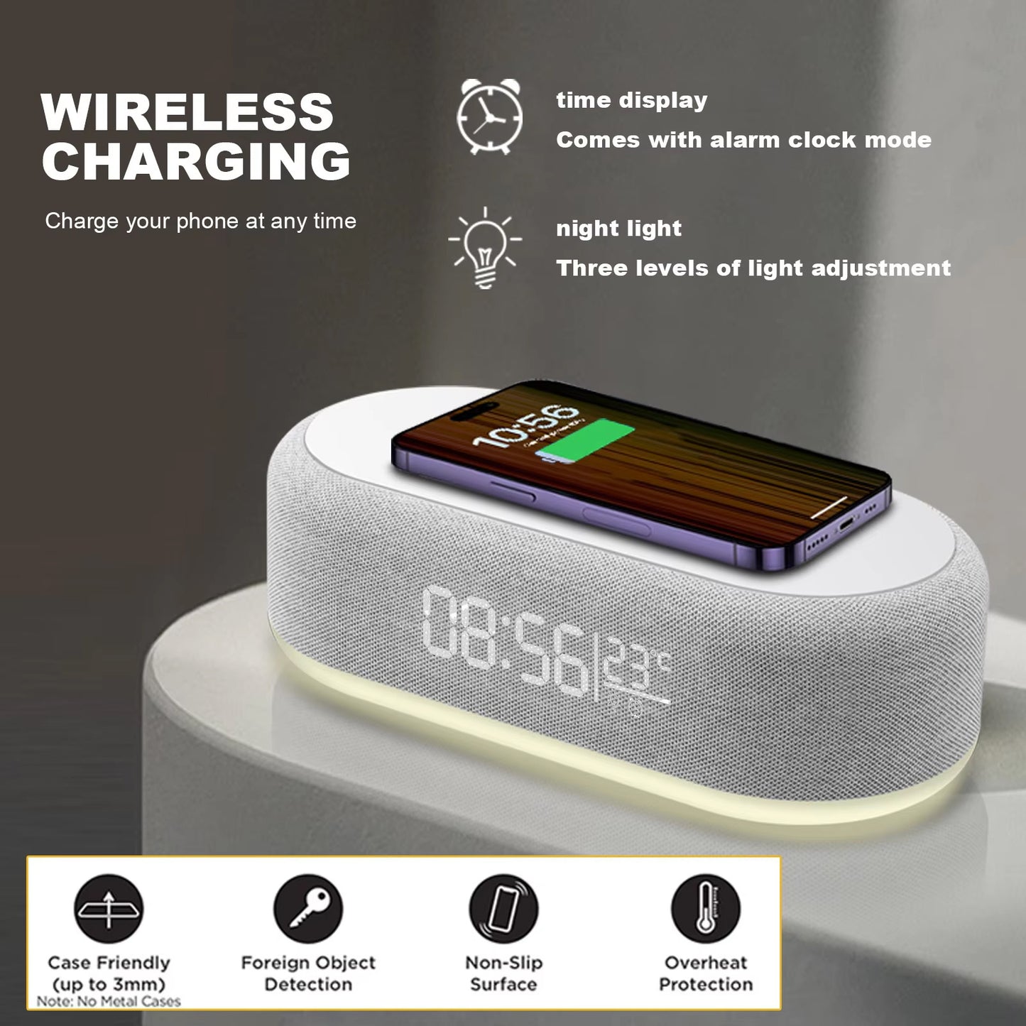 Fast charging dock for iPhone 15 and 14, featuring a wireless charger, alarm, lamp, night light, clock, and thermometer.