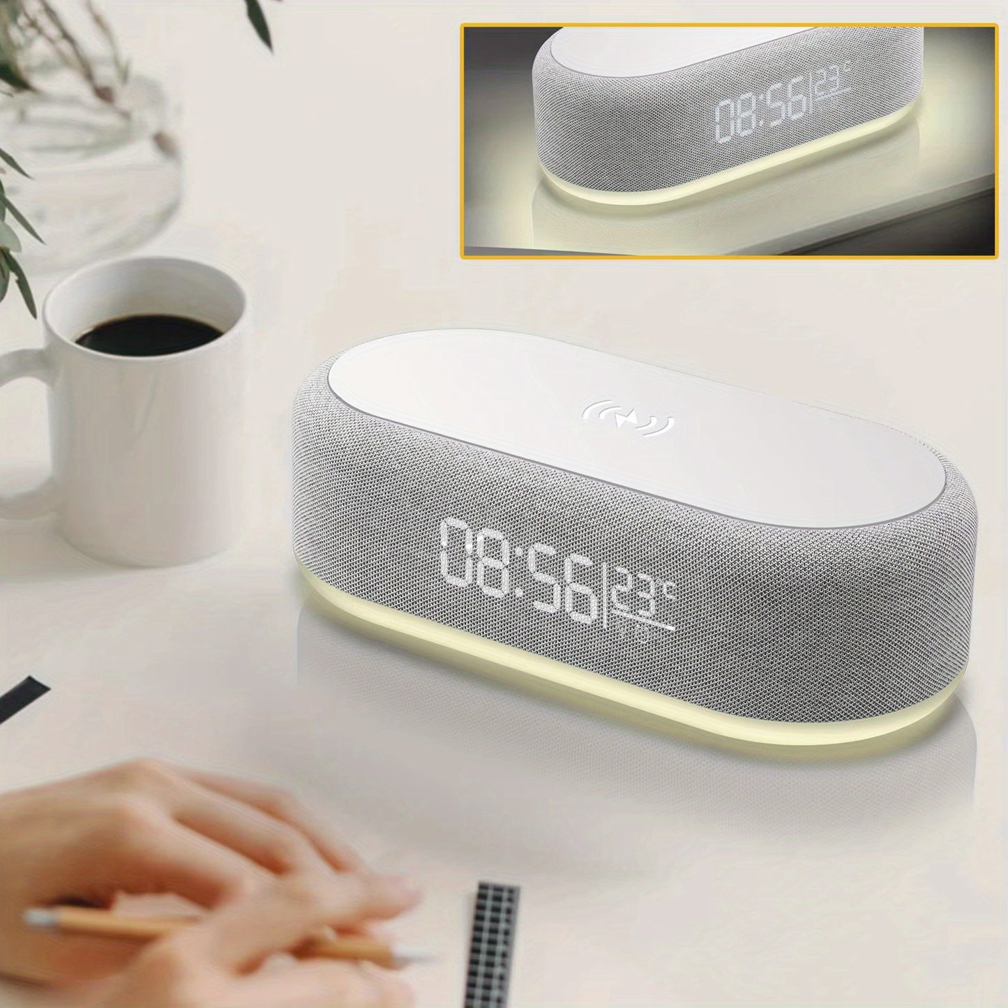 Fast charging dock for iPhone 15 and 14, featuring a wireless charger, alarm, lamp, night light, clock, and thermometer.