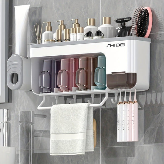 Wall-mounted toothbrush holder with cups that saves space - no punching required. Perfect for organizing bathroom storage and accessories.