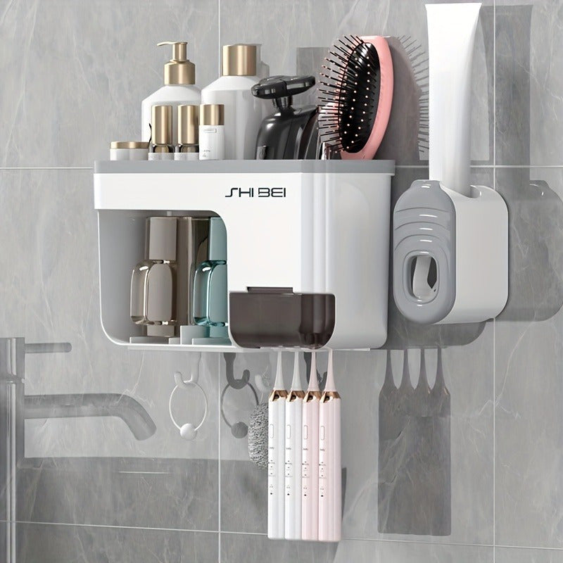 Wall-mounted toothbrush holder with cups that saves space - no punching required. Perfect for organizing bathroom storage and accessories.