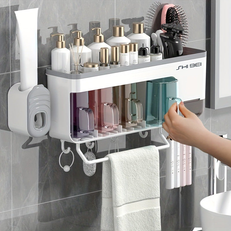 Wall-mounted toothbrush holder with cups that saves space - no punching required. Perfect for organizing bathroom storage and accessories.