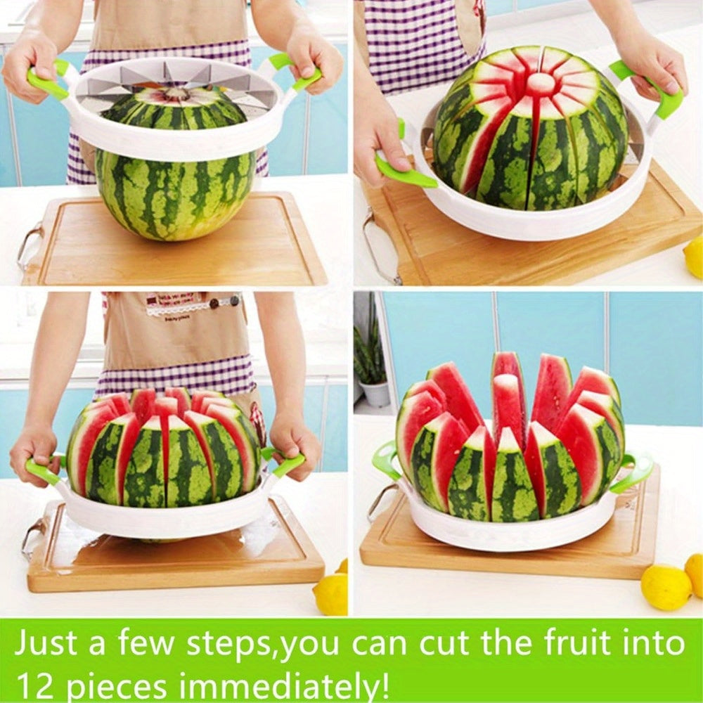 Get your hands on the 2-piece Extra Large Watermelon Cutter and Slicer; a durable stainless steel tool featuring a comfortable silicone handle. This versatile fruit slicer is perfect for cutting watermelon, cantaloupe, pineapple, and honeydew with ease.