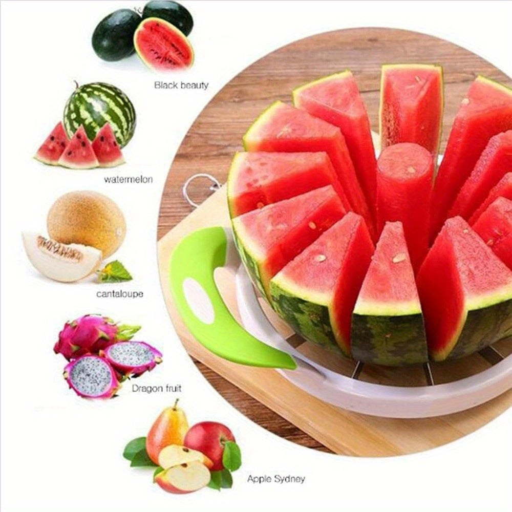 Get your hands on the 2-piece Extra Large Watermelon Cutter and Slicer; a durable stainless steel tool featuring a comfortable silicone handle. This versatile fruit slicer is perfect for cutting watermelon, cantaloupe, pineapple, and honeydew with ease.