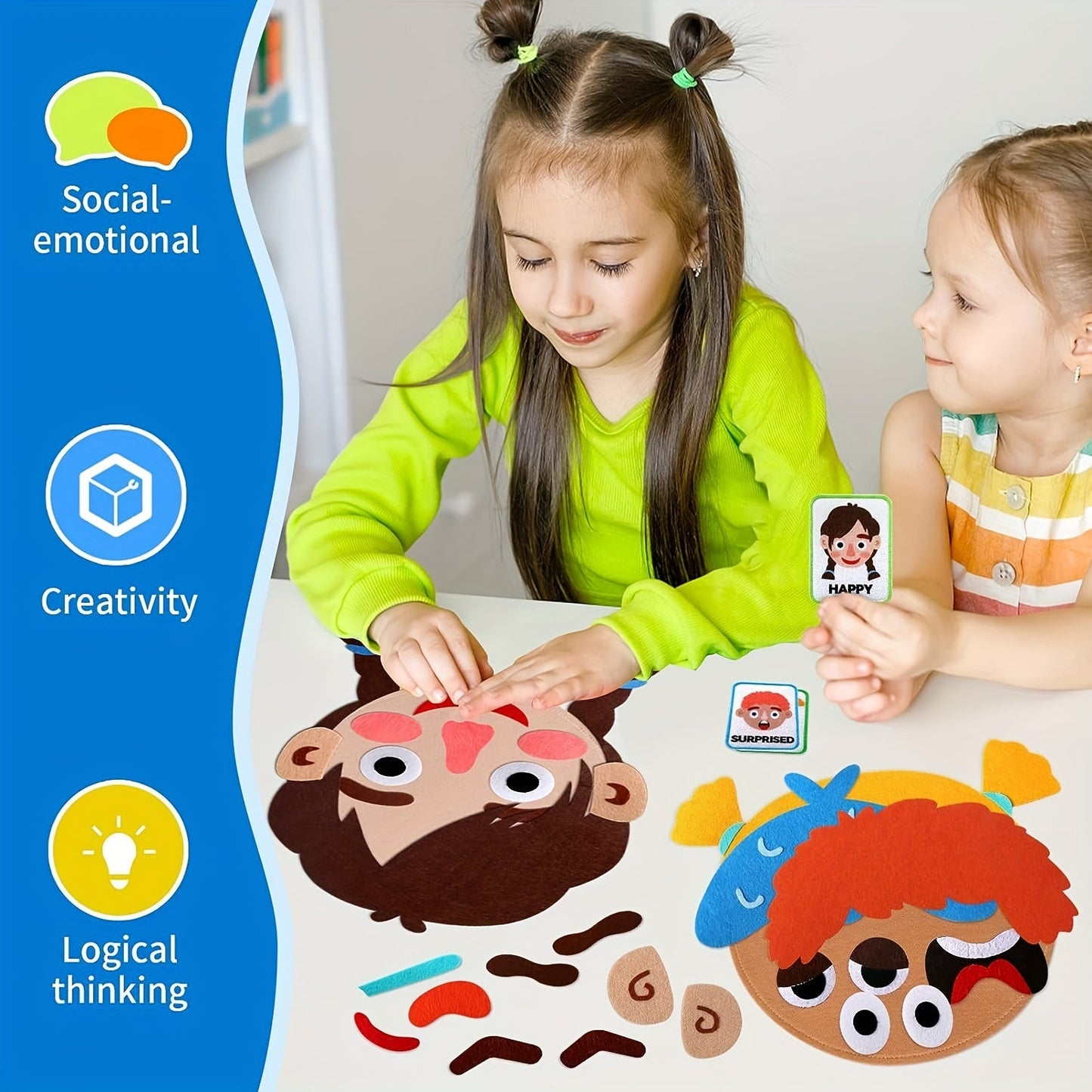 Children's Social-Emotional Learning Activity Set - Includes 86 Pieces: 2 Felt Boards, 9 Facial Expression Creation Papers. Preschool Educational Toy for Ages 0-3. Perfect Christmas Gift for Boys and Girls.