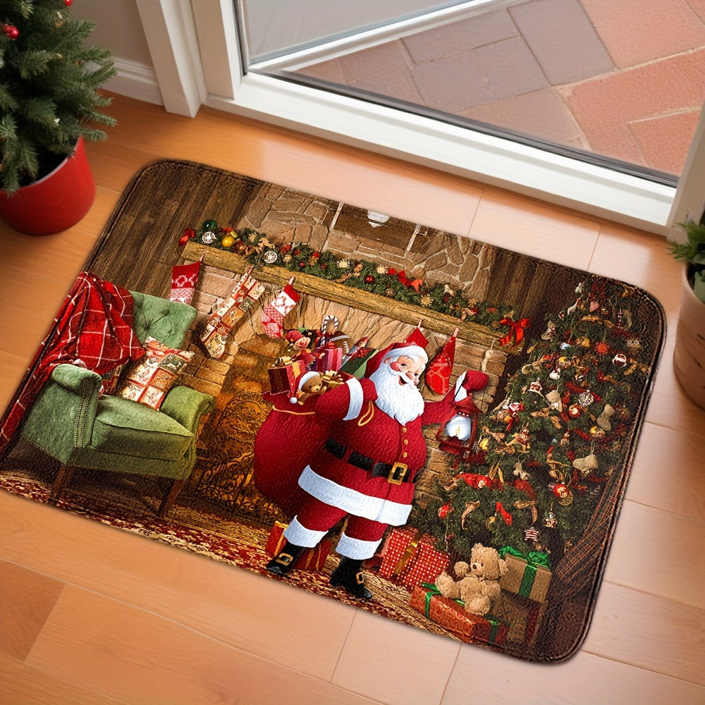 Ta'til ruhiga kirish uchun Festiv Santa Claus Print Doormat bilan tanishing! Ushbu so'ruvchan, sirpanmaydigan mato yumshoq kristal velur tuzilishidan tayyorlangan va mashinada yuvish mumkin. Bu sizning yashash xonangizga, yotoq xonangizga yoki