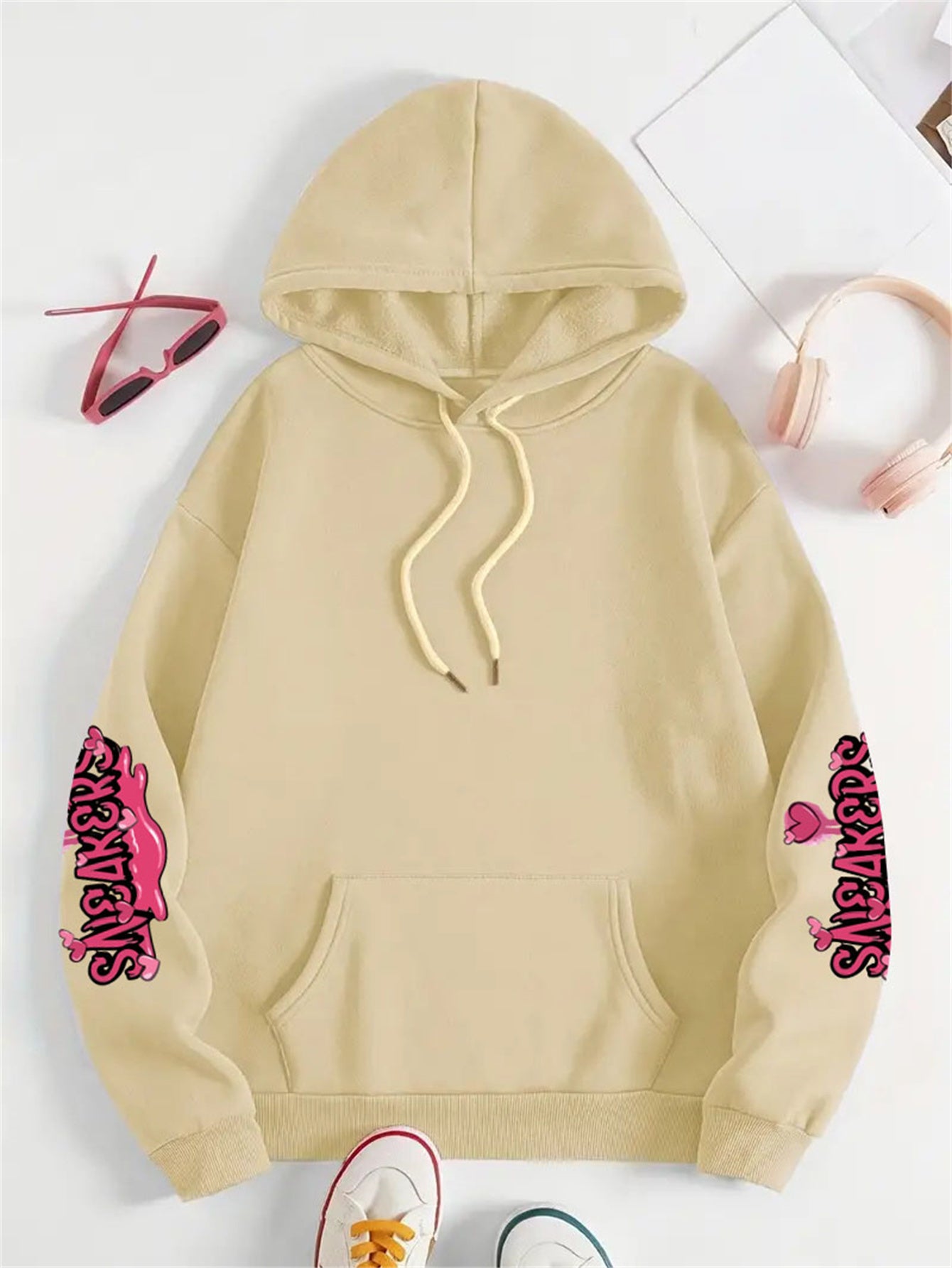 Casual plus size hoodie with long sleeve letter print, machine washable and polyester knit material.