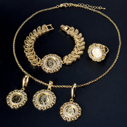 Vintage Royal Style Jewelry Set by ZEADEAR - Set of 4 pieces in Copper with Synthetic Zirconia, featuring a Wheat Ear Hollow Pattern. Includes Pendant Necklace, Bracelet, Ring, and Earrings for Women. Perfect for daily wear or elegant banquet parties.