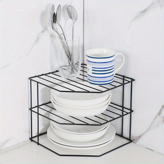 Fan-shaped corner storage rack with a 3-tier design made of durable cast iron. This open design provides easy access to items and is a sturdy organizer for the kitchen. No power required, suitable for both home and office use.