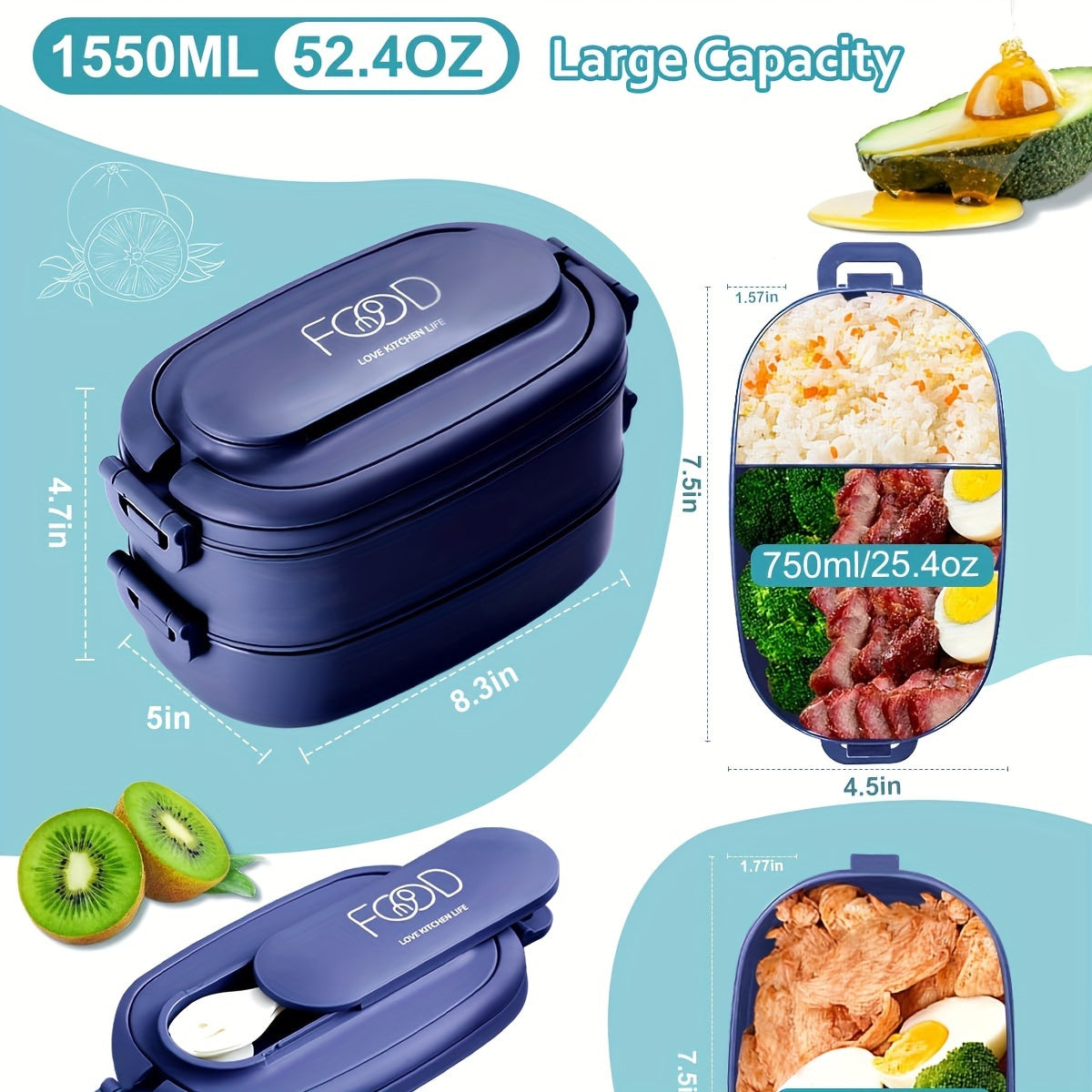 Stackable Bento Lunch Box Set for Adults - Leakproof and Portable with Compartments, 1550ml Capacity, Microwave Safe, Includes Spoon & Fork, Made of Polypropylene Material, Air Release Plug and Flexible Buckle for Safe Food Contact - Perfect for Work and