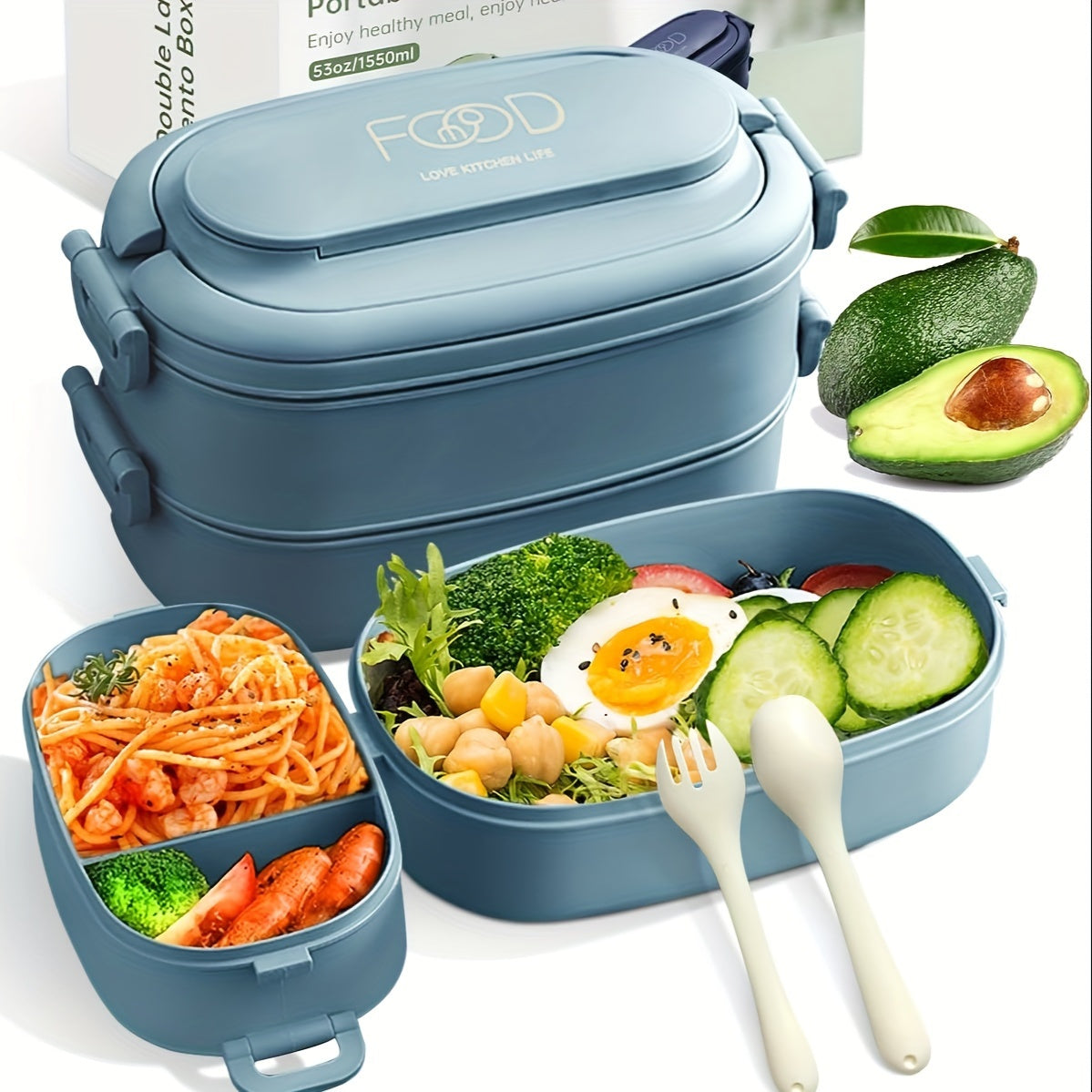 Stackable Bento Lunch Box Set for Adults - Leakproof and Portable with Compartments, 1550ml Capacity, Microwave Safe, Includes Spoon & Fork, Made of Polypropylene Material, Air Release Plug and Flexible Buckle for Safe Food Contact - Perfect for Work and