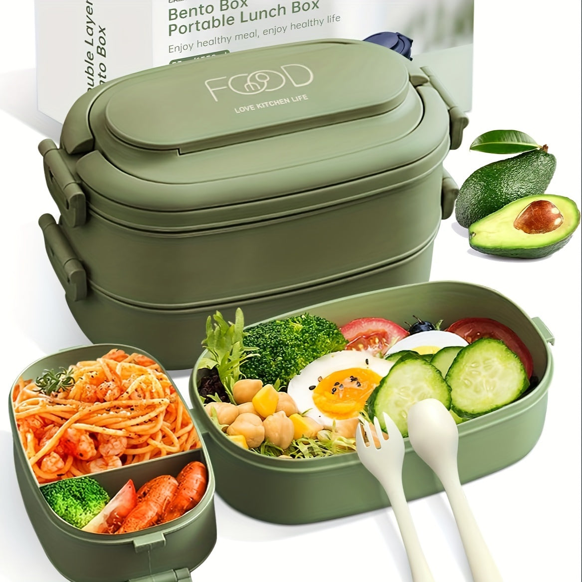 Stackable Bento Lunch Box Set for Adults - Leakproof and Portable with Compartments, 1550ml Capacity, Microwave Safe, Includes Spoon & Fork, Made of Polypropylene Material, Air Release Plug and Flexible Buckle for Safe Food Contact - Perfect for Work and