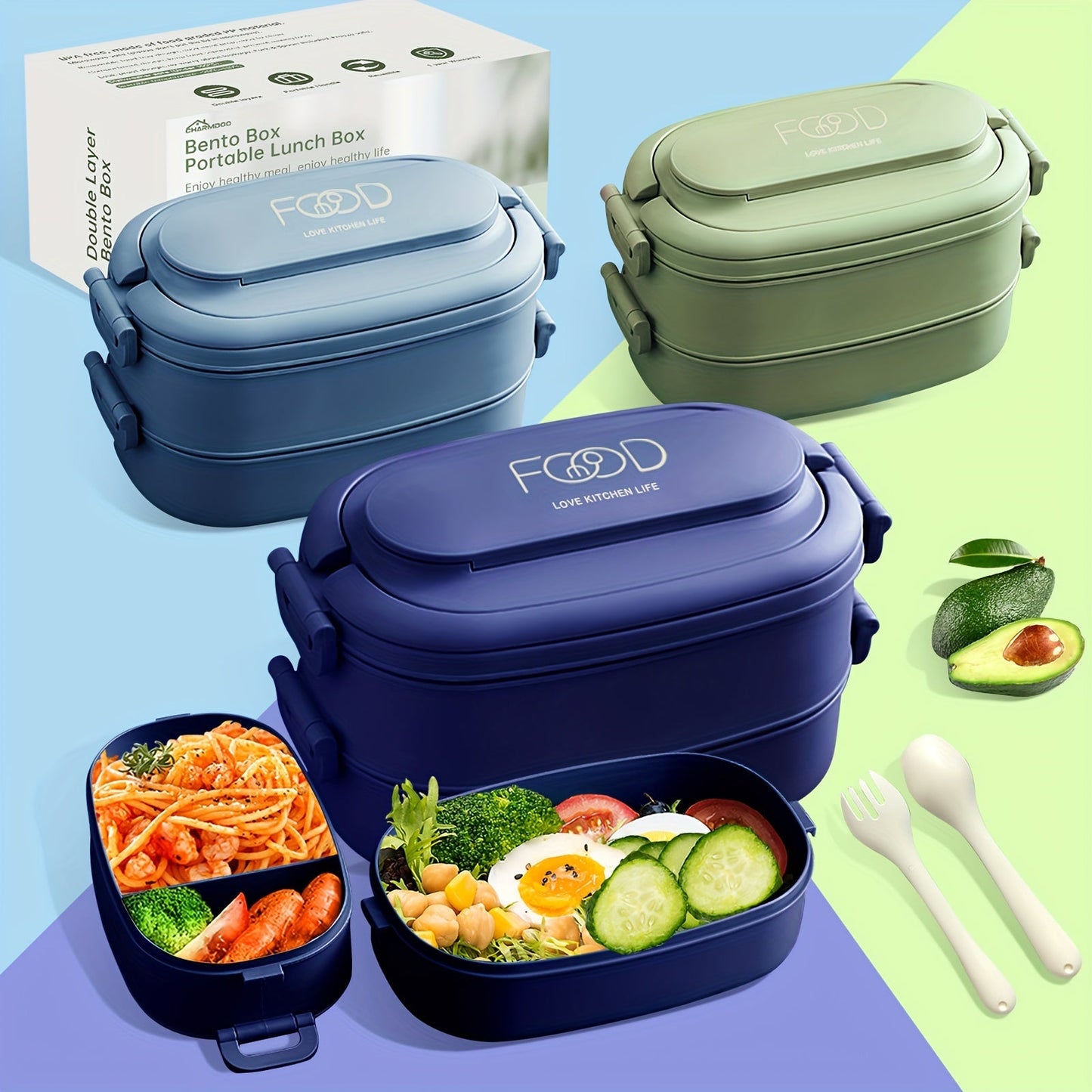 Stackable Bento Lunch Box Set for Adults - Leakproof and Portable with Compartments, 1550ml Capacity, Microwave Safe, Includes Spoon & Fork, Made of Polypropylene Material, Air Release Plug and Flexible Buckle for Safe Food Contact - Perfect for Work and