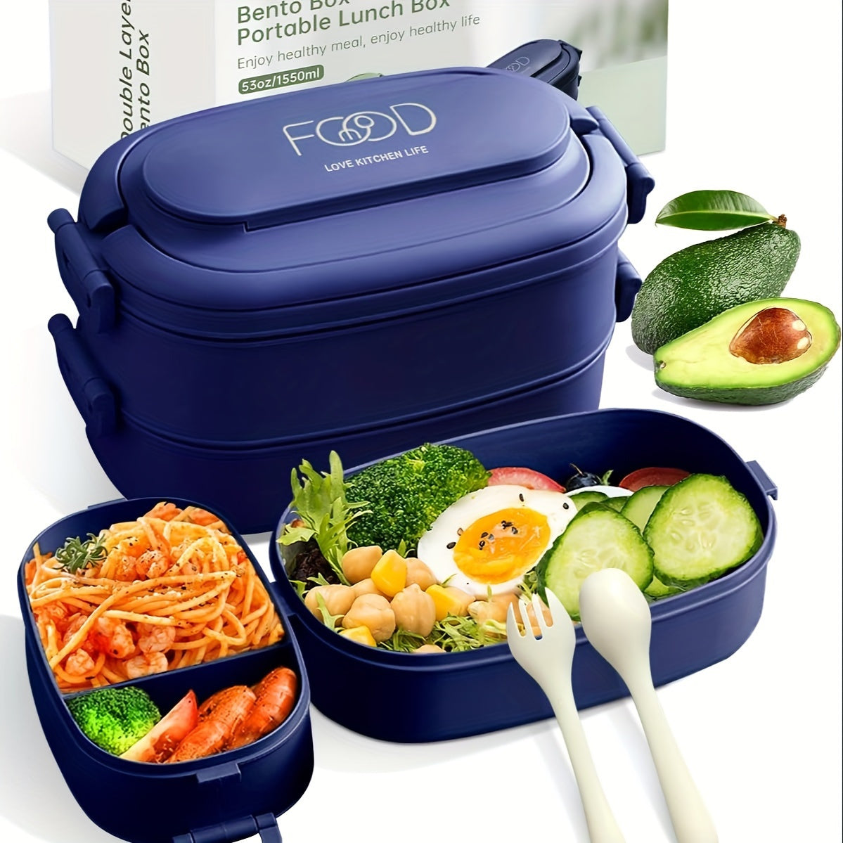 Stackable Bento Lunch Box Set for Adults - Leakproof and Portable with Compartments, 1550ml Capacity, Microwave Safe, Includes Spoon & Fork, Made of Polypropylene Material, Air Release Plug and Flexible Buckle for Safe Food Contact - Perfect for Work and