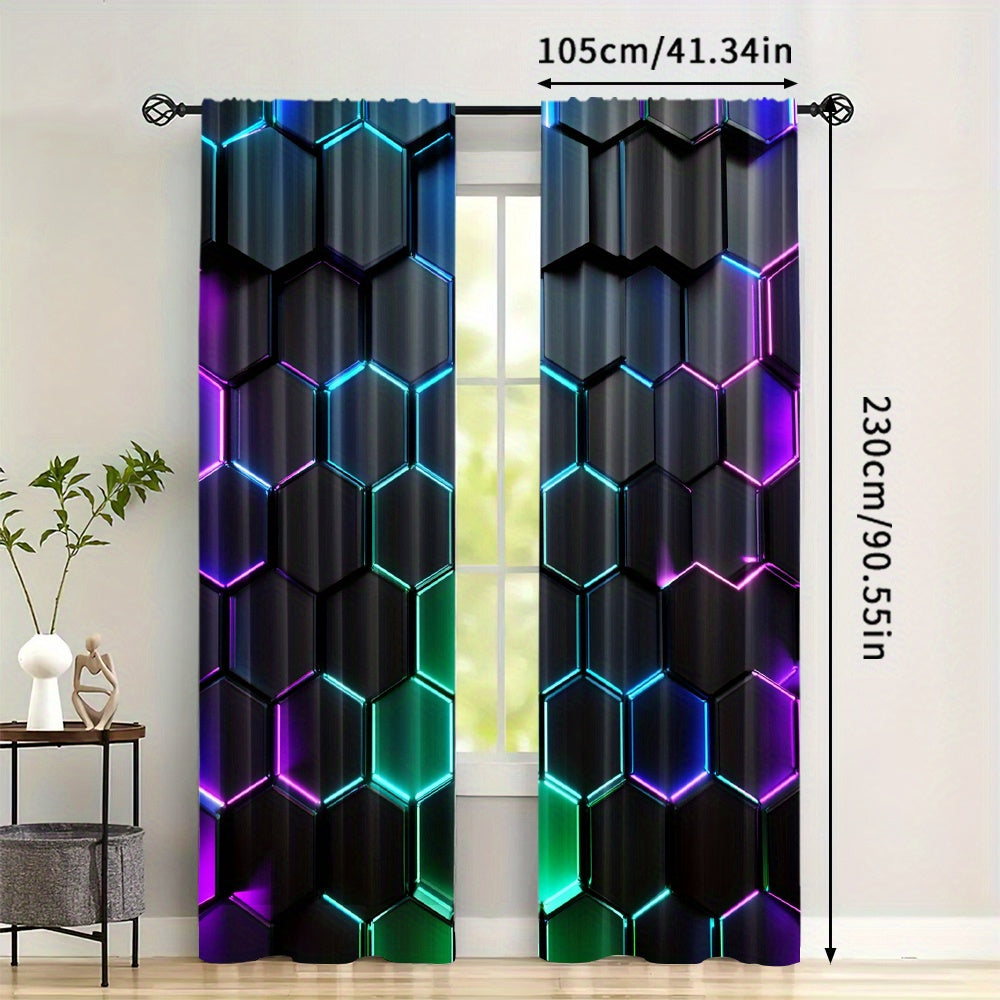 Enhance your space with modern style using these Blackout Curtains featuring a Futuristic Hexagon Pattern. This set includes 2 Panels made of high-quality Polyester with Digital Print, suitable for Living Room, Bedroom, Kitchen, and Home Decor. Easy Rod