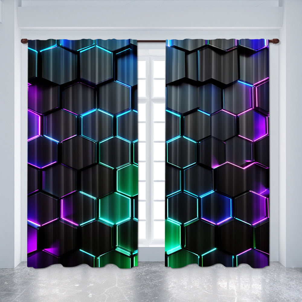 Enhance your space with modern style using these Blackout Curtains featuring a Futuristic Hexagon Pattern. This set includes 2 Panels made of high-quality Polyester with Digital Print, suitable for Living Room, Bedroom, Kitchen, and Home Decor. Easy Rod