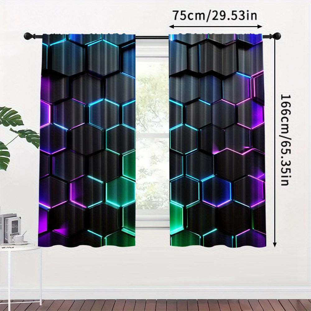 Enhance your space with modern style using these Blackout Curtains featuring a Futuristic Hexagon Pattern. This set includes 2 Panels made of high-quality Polyester with Digital Print, suitable for Living Room, Bedroom, Kitchen, and Home Decor. Easy Rod