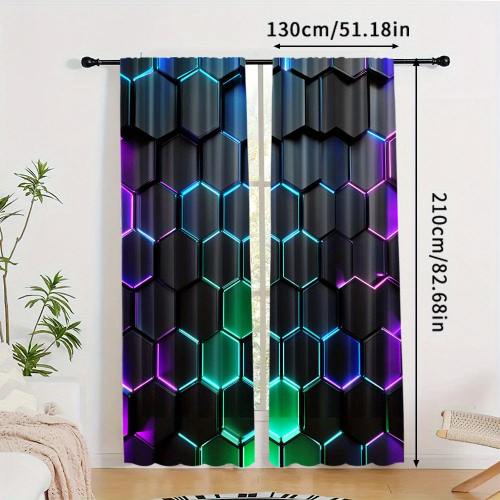 Enhance your space with modern style using these Blackout Curtains featuring a Futuristic Hexagon Pattern. This set includes 2 Panels made of high-quality Polyester with Digital Print, suitable for Living Room, Bedroom, Kitchen, and Home Decor. Easy Rod