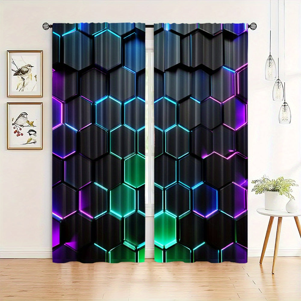 Enhance your space with modern style using these Blackout Curtains featuring a Futuristic Hexagon Pattern. This set includes 2 Panels made of high-quality Polyester with Digital Print, suitable for Living Room, Bedroom, Kitchen, and Home Decor. Easy Rod