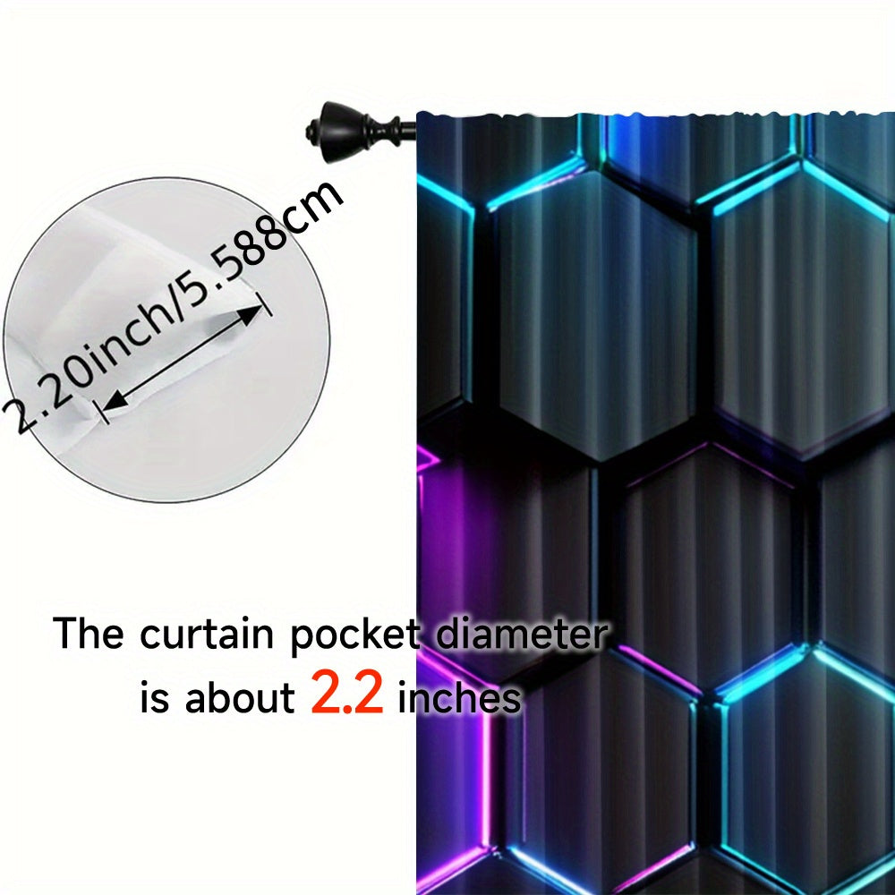 Enhance your space with modern style using these Blackout Curtains featuring a Futuristic Hexagon Pattern. This set includes 2 Panels made of high-quality Polyester with Digital Print, suitable for Living Room, Bedroom, Kitchen, and Home Decor. Easy Rod