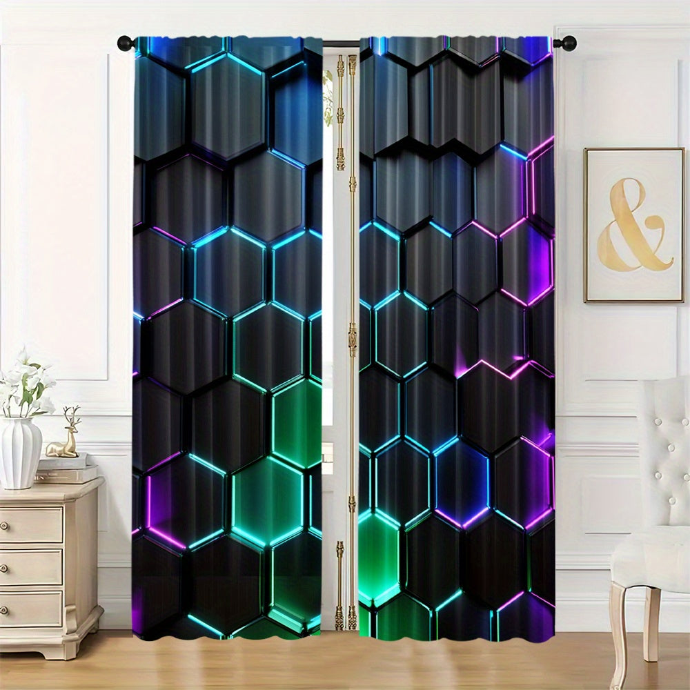 Enhance your space with modern style using these Blackout Curtains featuring a Futuristic Hexagon Pattern. This set includes 2 Panels made of high-quality Polyester with Digital Print, suitable for Living Room, Bedroom, Kitchen, and Home Decor. Easy Rod