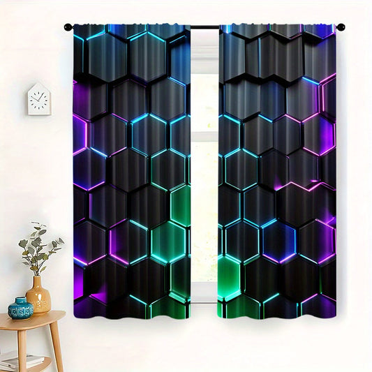 Enhance your space with modern style using these Blackout Curtains featuring a Futuristic Hexagon Pattern. This set includes 2 Panels made of high-quality Polyester with Digital Print, suitable for Living Room, Bedroom, Kitchen, and Home Decor. Easy Rod