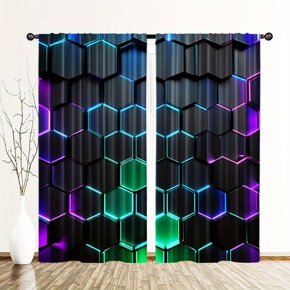 Enhance your space with modern style using these Blackout Curtains featuring a Futuristic Hexagon Pattern. This set includes 2 Panels made of high-quality Polyester with Digital Print, suitable for Living Room, Bedroom, Kitchen, and Home Decor. Easy Rod