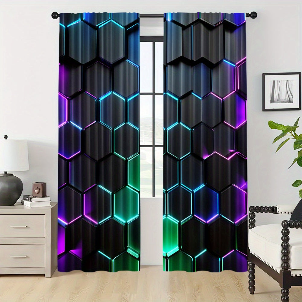 Enhance your space with modern style using these Blackout Curtains featuring a Futuristic Hexagon Pattern. This set includes 2 Panels made of high-quality Polyester with Digital Print, suitable for Living Room, Bedroom, Kitchen, and Home Decor. Easy Rod