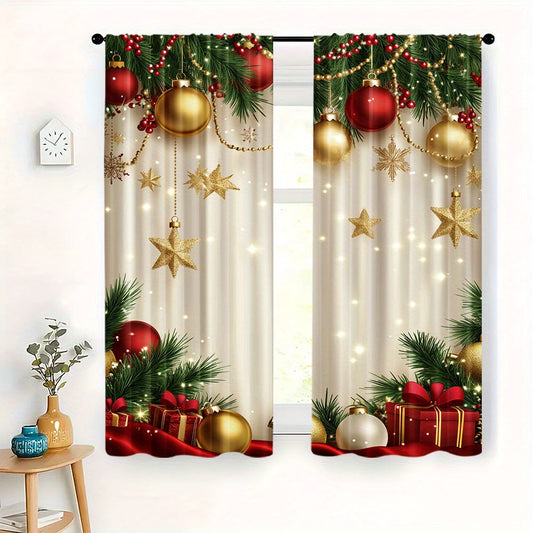 Pair of 2 Golden Christmas Pattern Digital Print Curtains with Rod Pocket Design, made from Polyester. Perfect for Living Room & Home Decor, featuring a Festive Holiday Design suitable for both Teens & Adults. Note: Rod Not Included.