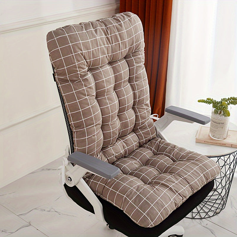 Luxurious ergonomic cushion with integrated backrest, plush polyester seat pad in white with grid pattern. Machine washable, ideal for home and car seats. Provides comfortable support for