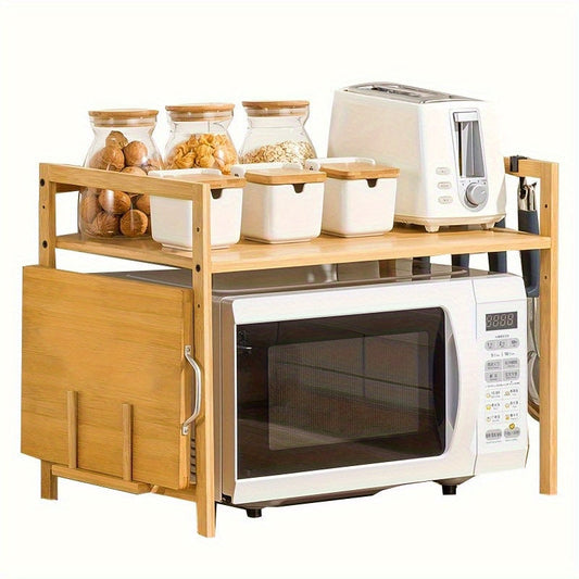 Home kitchen set featuring an adjustable bamboo organizer for microwave and spice rack.