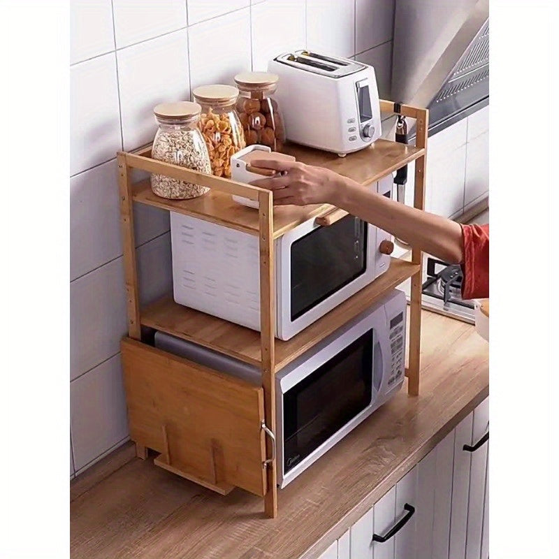 Home kitchen set featuring an adjustable bamboo organizer for microwave and spice rack.