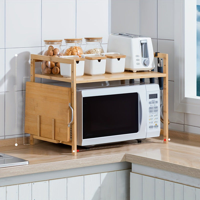 Home kitchen set featuring an adjustable bamboo organizer for microwave and spice rack.