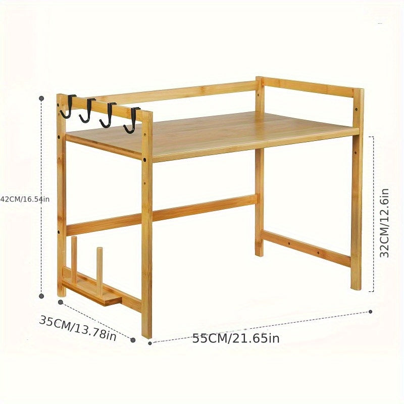 Home kitchen set featuring an adjustable bamboo organizer for microwave and spice rack.