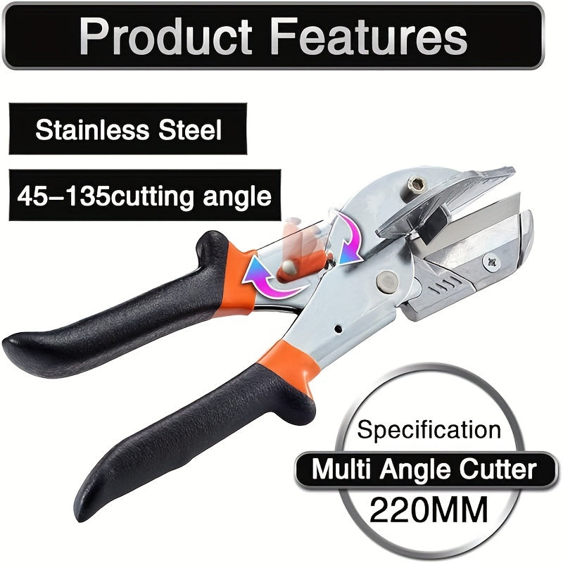 Multi angle miter shear cutter for cutting soft wood and plastic, with adjustable angles from 45-135 degrees.