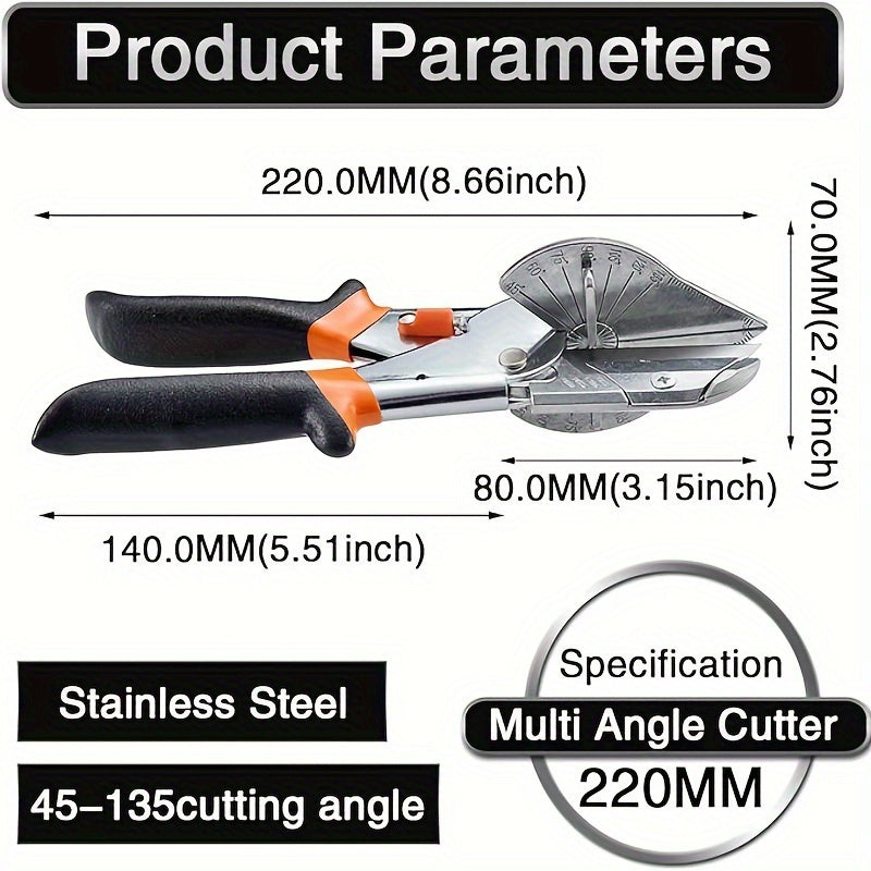 Multi angle miter shear cutter for cutting soft wood and plastic, with adjustable angles from 45-135 degrees.