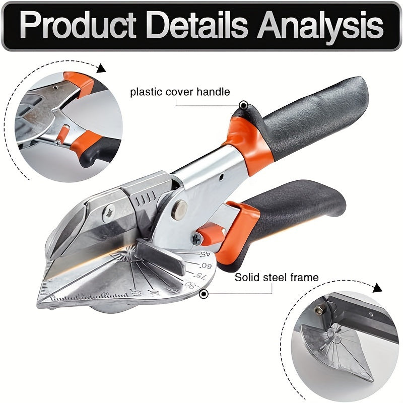 Multi angle miter shear cutter for cutting soft wood and plastic, with adjustable angles from 45-135 degrees.