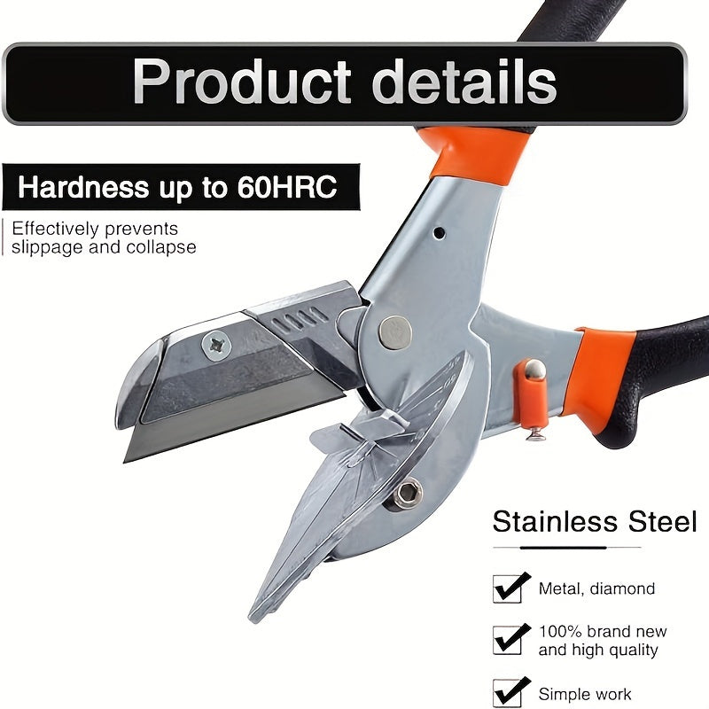 Multi angle miter shear cutter for cutting soft wood and plastic, with adjustable angles from 45-135 degrees.